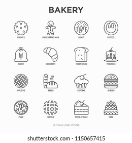 Bakery thin line icons set: toast bread, pancakes, flour, croissant, donut, pretzel, cookies, gingerbread man, cupcake, burger, apple pie, pizza, waffle. Modern vector illustration.