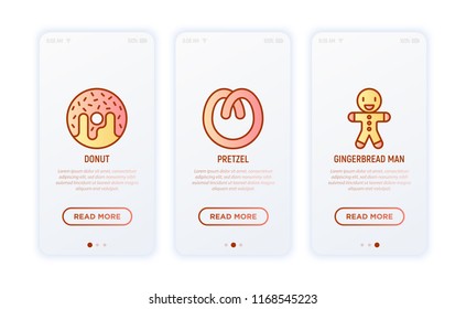 Bakery thin line icons set: donut, pretzel, gingerbread man. Vector illustration.