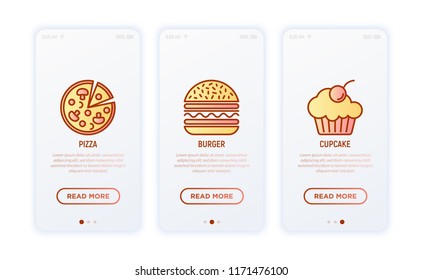 Bakery thin line icons set: pizza, burger, cupcake. Modern vector illustration.