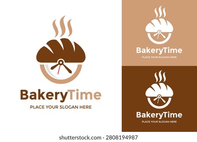 Bakery time logo design template. Bread loaf and clock combination vector illustration for bakery shop.