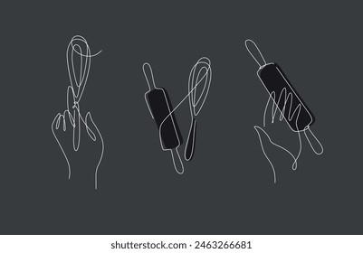 Bakery tools hand with whisk and rolling pin illustration drawing on black background