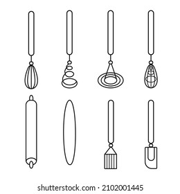 Bakery tools icons thin line vector set. Kitchenware: rolling pin, whisk, silicon spatula, balloon whip, round potato masher, pastry brush.