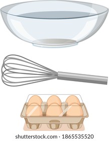 Bakery tools metal whisk with big bowl and paper egg tray on white background illustration