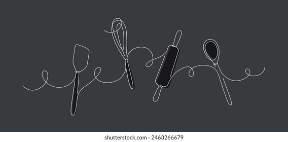 Backwerkzeuge Schneebesen, Nudelholz, Spachtel Silhouette Zeichnung auf schwarzem Hintergrund