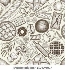 Bakery top view background. Hand drawn vector seamless pattern with bread and pastry. Retro illustration. Can be use for menu, packaging.