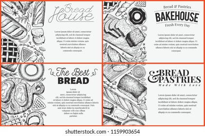 Bakery top view baner design set. Hand drawn vector illustration with bread and pastry on chalk board. Retro design template. Can be use for menu, packaging.