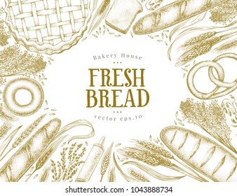 Bakery top view banner. Hand drawn frame with bread, pastry, wheat. Bakery set vector illustration. Background design template. Engraved vintage style