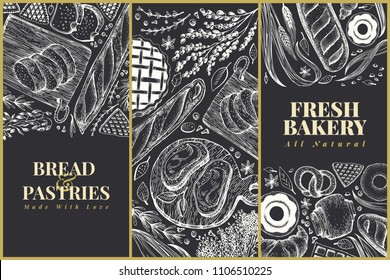 Bakery top view design templates. Hand drawn vector illustration with bread and pastry on chalk board. Retro illustrations set. Can be use for menu, packaging.