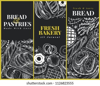 Bakery top view design templates. Hand drawn vector illustration with bread and pastry on chalk board. Retro illustrations set. Can be use for menu, packaging.