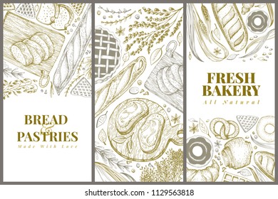 Bakery top view design templates. Hand drawn vector illustration with bread and pastry. Retro illustrations set. Can be use for menu, packaging.