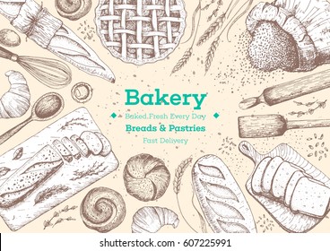 Bakery top view frame. Background template for design. Engraved food image. Bakery sketch