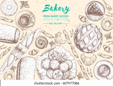 Bakery top view frame. Background template for design. Engraved food image. Bakery sketch