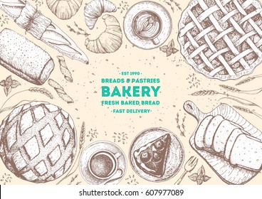 Bakery top view frame. Background template for design. Engraved food image. bakery sketch