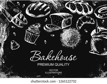 Bakery top view frame. Chalk drawing on black board. Hand drawn sketch with bread, pastry, sweet. Bakery set vector illustration. Background template for design. 