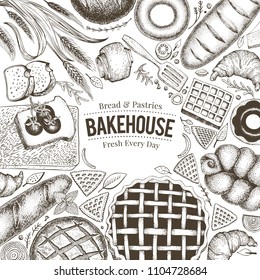 Bakery top view frame. Hand drawn vector illustration with bread and pastry. Retro design template. Can be use for menu, packaging.