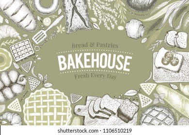 Bakery top view frame. Hand drawn vector illustration with bread and pastry. Retro design template. Can be use for menu, packaging.