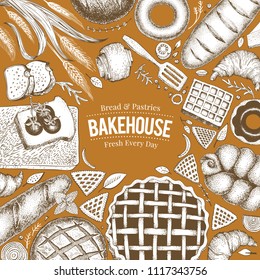 Bakery top view frame. Hand drawn vector illustration with bread and pastry. Retro design template. Can be use for menu, packaging.