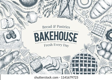 Bakery Top View Frame. Hand Drawn Vector Illustration With Bread And Pastry. Vintage Design Template. Can Be Use For Menu, Packaging.