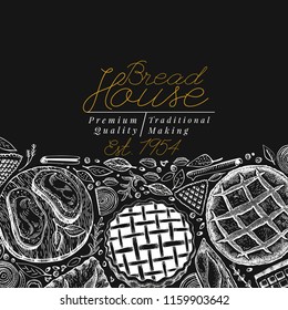 Bakery top view frame. Hand drawn vector illustration with bread and pastry on chalk board. Retro design template. Can be use for menu, packaging.
