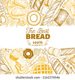 Bakery top view frame. Hand drawn vector illustration with bread and pastry on chalk board. Retro design template. Can be use for menu, packaging.