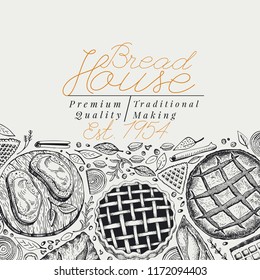 Bakery top view frame. Hand drawn vector illustration with bread and pastry. Retro design template. Can be use for menu, packaging.