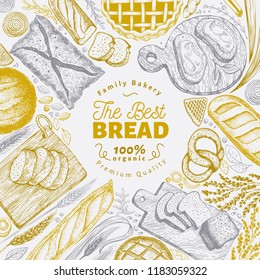 Bakery top view frame. Hand drawn vector illustration with bread and pastry. Retro design template. Can be use for menu, packaging.