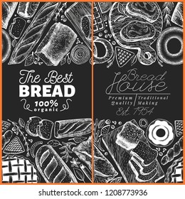 Bakery top view frame. Hand drawn vector illustration with bread and pastry on chalk board. Vintage design template. Can be use for menu, packaging.