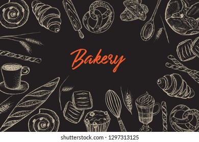 Bakery top view frame. Hand drawn sketch with bread, pastry, sweet.Vector set of bread and bakery products.  Background template for design. Can be use for menu, packaging.