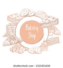 Bakery top view frame. Hand drawn sketch with bread, pastry, sweet. Bakery set vector illustration.Background template for design. Engraved food image.