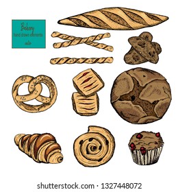 Bakery top view frame. Hand drawn sketch with bread, pastry, sweet.Vector set of bread and bakery products. Background template for design. Can be use for menu, packaging.