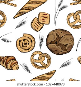 Bakery top view frame. Hand drawn sketch with bread, pastry, sweet.Vector set of bread and bakery products. Background template for design. Can be use for menu, packaging. Seamless pattern.