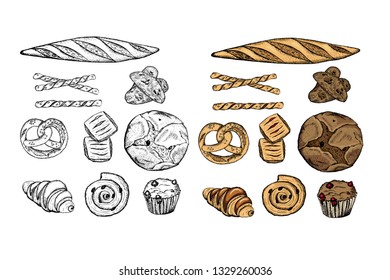 Bakery top view frame. Hand drawn sketch with bread, pastry, sweet.Vector set of bread and bakery products. Background template for design. Can be use for menu, packaging.