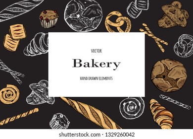 Bakery top view frame. Hand drawn sketch with bread, pastry, sweet.Vector set of bread and bakery products. Background template for design. Can be use for menu, packaging.