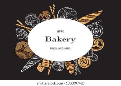 Bakery top view frame. Hand drawn sketch with bread, pastry, sweet.Vector set of bread and bakery products. Background template for design. Can be use for menu, packaging. 