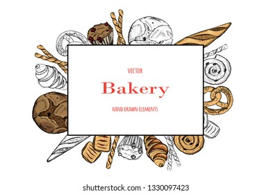 Bakery top view frame. Hand drawn sketch with bread, pastry, sweet.Vector set of bread and bakery products. Background template for design. Can be use for menu, packaging. 