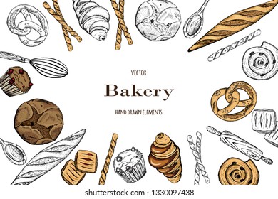 Bakery top view frame. Hand drawn sketch with bread, pastry, sweet.Vector set of bread and bakery products. Background template for design. Can be use for menu, packaging. 