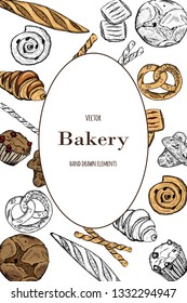 Bakery top view frame. Hand drawn sketch with bread, pastry, sweet.Vector set of bread and bakery products. Background template for design. Can be use for menu, packaging. 