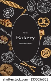 Bakery top view frame. Hand drawn sketch with bread, pastry, sweet.Vector set of bread and bakery products. Background template for design. Can be use for menu, packaging