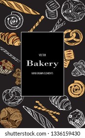 Bakery top view frame. Hand drawn sketch with bread, pastry, sweet.Vector set of bread and bakery products. Background template for design. Can be use for menu, packaging
