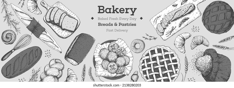 Bakery Top View Frame. Hand Drawn Sketch With Bread, Pastry, Sweet. Bakery Set Vector Illustration. Background Design Template . Engraved Food Image. Black And White Design