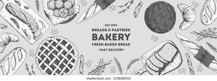 Bakery Top View Frame. Hand Drawn Sketch With Bread, Pastry, Sweet. Bakery Set Vector Illustration. Background Design Template . Engraved Food Image. Black And White Design