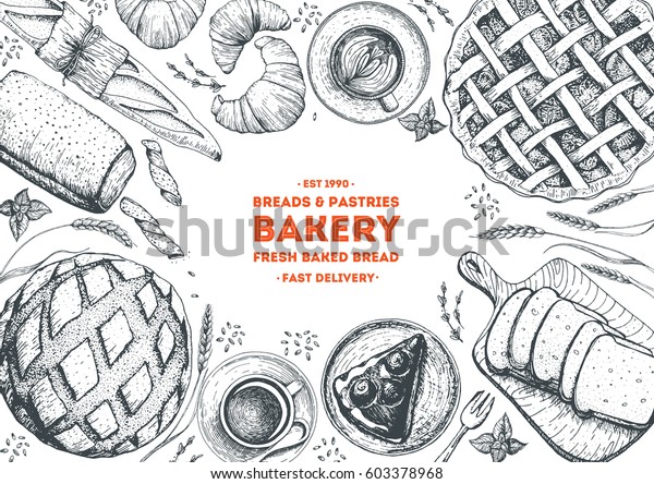 Bakery Top View Frame Hand Drawn Stock Vector (Royalty Free) 603378968