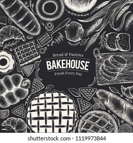 Bakery top view frame on chalk board. Hand drawn vector illustration with bread and pastry. Retro design template. Can be use for menu, packaging.