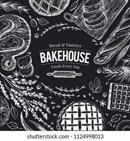 Bakery top view frame on chalk board. Hand drawn vector illustration with bread and pastry. Retro design template. Can be use for menu, packaging.