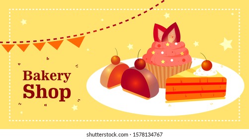 Bakery top view frame. Bakery set vector illustration. Background template for design. cakes, pies, tarts, with pink strawberry topping. Vector sweet bakery products on the starry background.