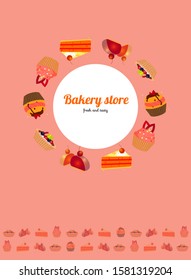 Bakery top view frame. Bakery set vector illustration.Delicious sweets and fresh pastry. Vector sweet bakery products. Pastry desserts flat color vector illustrations set. Sweet pastry icons set.