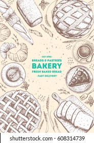 Bakery top view vertical frame. Hand drawn sketch with bread, pastry, sweet. Bakery set vector illustration. Background template for design. Engraved food image. Bakery sketch