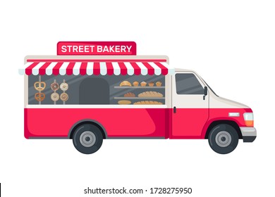 Bakery Truck Icon In Flat Style Isolated On White Background. Food Vehicle Truck. Vector Illustration.