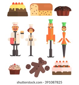 Bakery And Two Bakers Couples Flat Vector Primitive Geometric Design Illustration Set