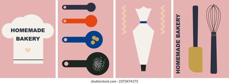 Bakery utensils, kitchenware. Abstract simple background for baking, bakery shop, cooking, sweet products, dessert, pastry. Flat vector illustration for poster, banner, cover, flyer, menu, advertising